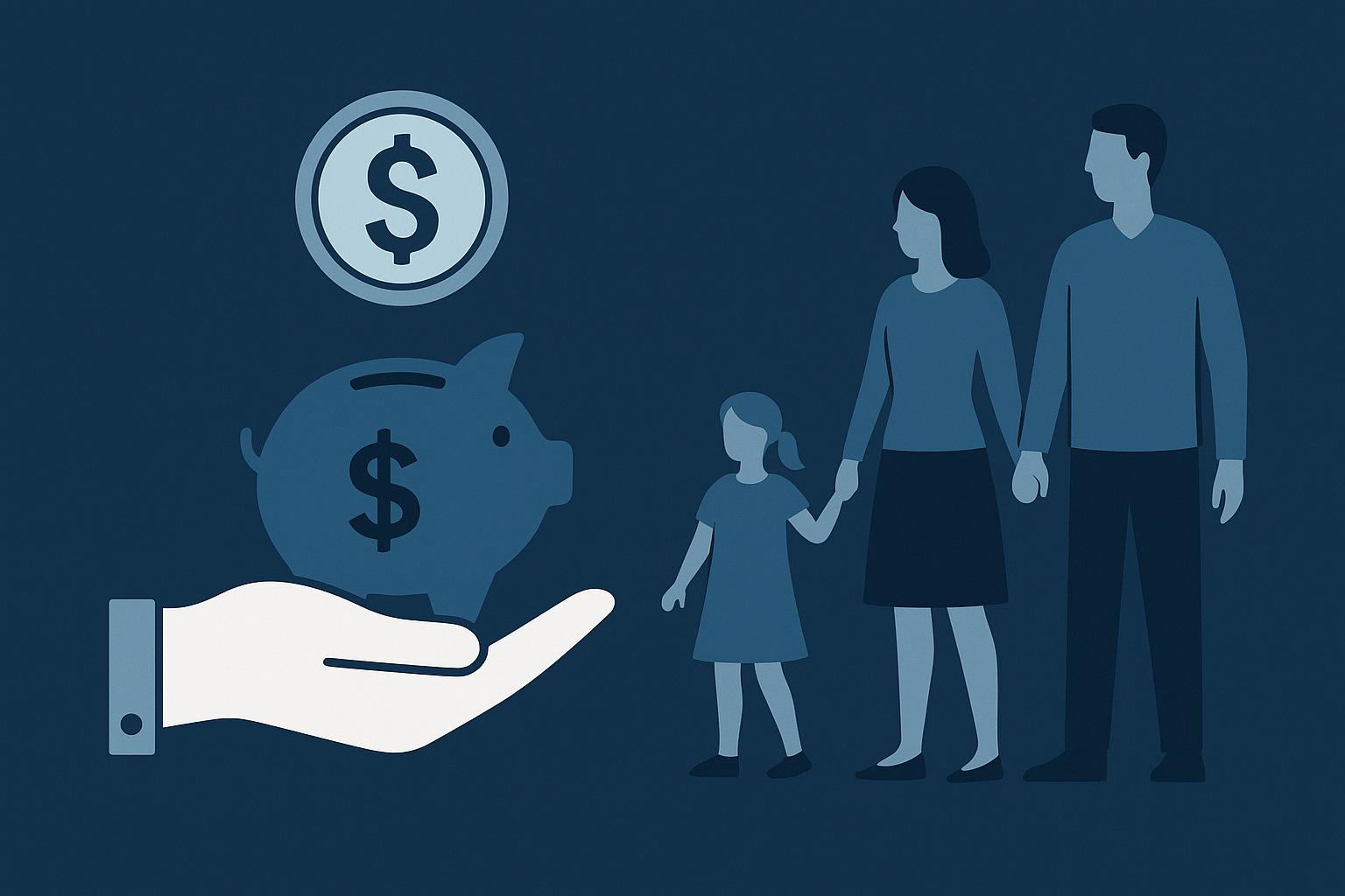 Una familia junto a una mano que sostiene una alcancía con el símbolo del peso. Refleja la importancia del ahorro familiar y la educación financiera desde pequeños.