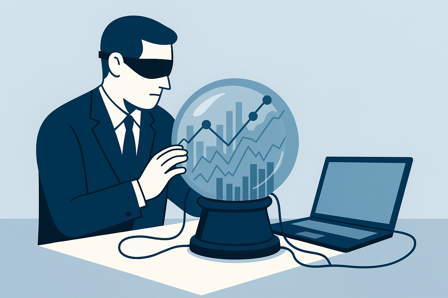 Analista con antifaz consulta una bola de cristal conectada a un computador, representando la incertidumbre del uso de machine learning en inversiones.