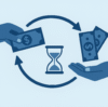 Ilustración vectorial estilo flat que muestra el ciclo de un bono: el inversionista presta dinero y recibe pagos con el tiempo. Incluye una mano entregando dinero, un reloj de arena y una flecha de retorno, representando el mecanismo básico de la renta fija.