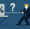 Ilustración vectorial de Donald Trump tirando de una cuerda contra un símbolo de porcentaje, representando la presión política para recortar las tasas de interés en EE.UU.