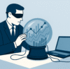 Analista con antifaz consulta una bola de cristal conectada a un computador, representando la incertidumbre del uso de machine learning en inversiones.